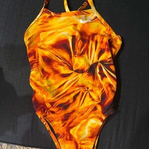 Nike Orange and Yellow Flame-Print One-Piece Swimsuit